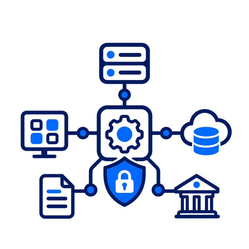 API integration icon showing secure connected systems, cloud services and data exchange.