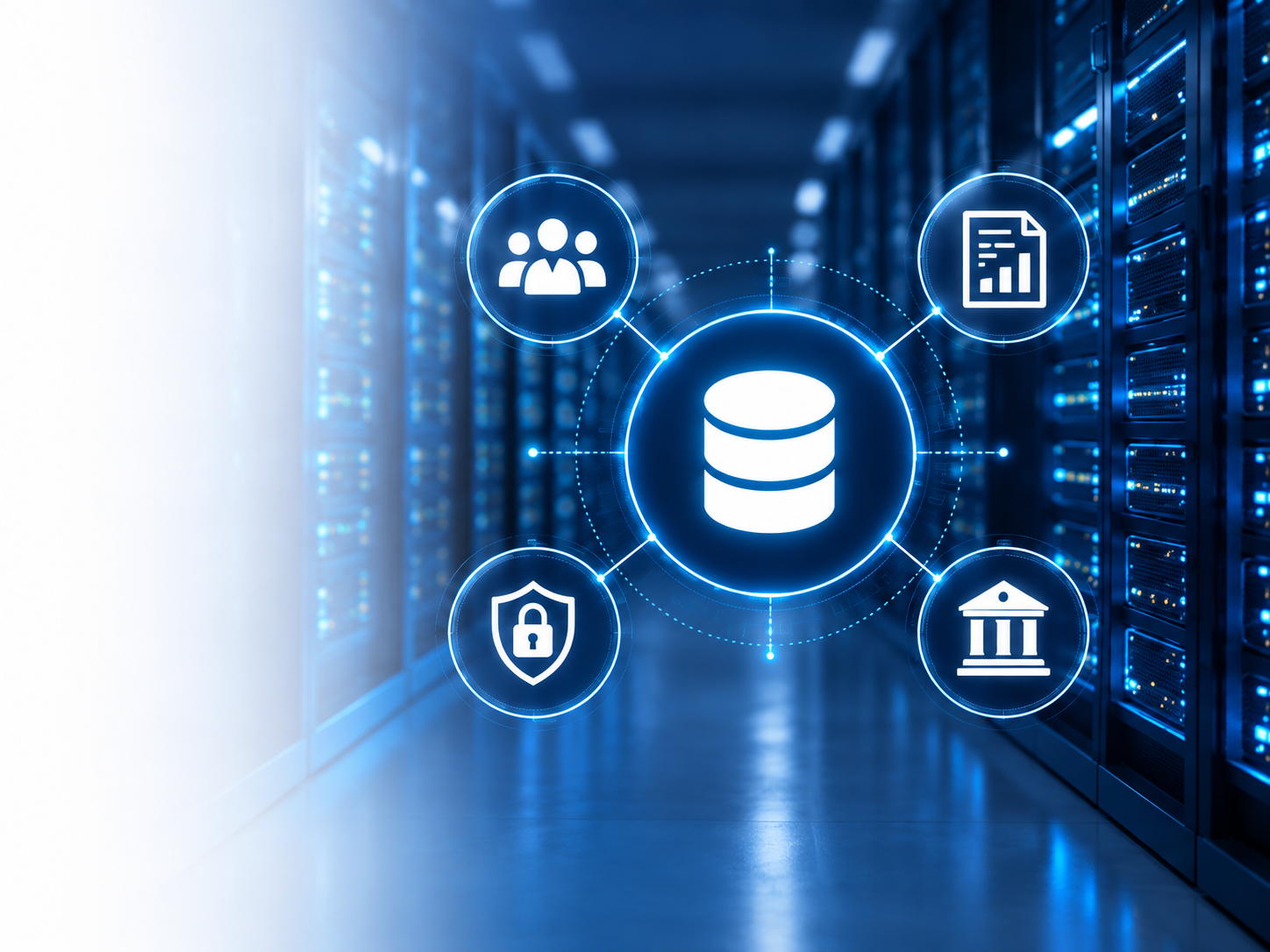 Data governance network connecting secure data, reporting, people and government systems.