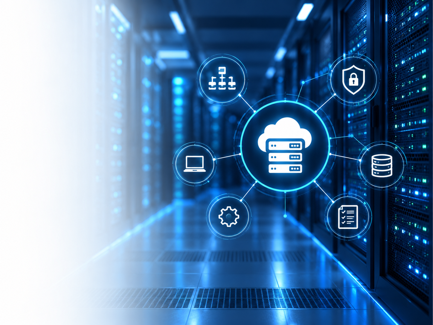 ICT infrastructure environment showing connected servers, cloud systems, security and network management.