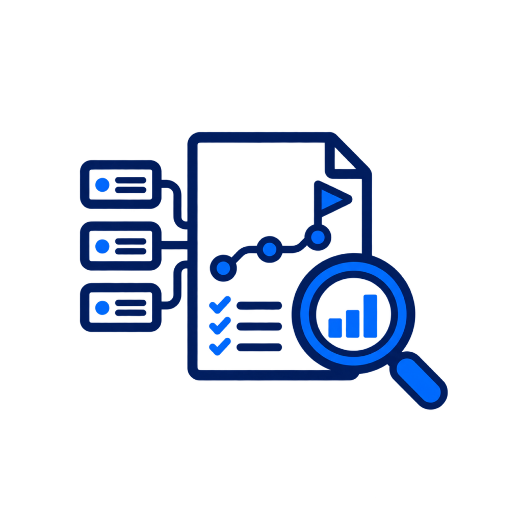 Integration planning icon showing connected systems, roadmap planning and integration analysis.