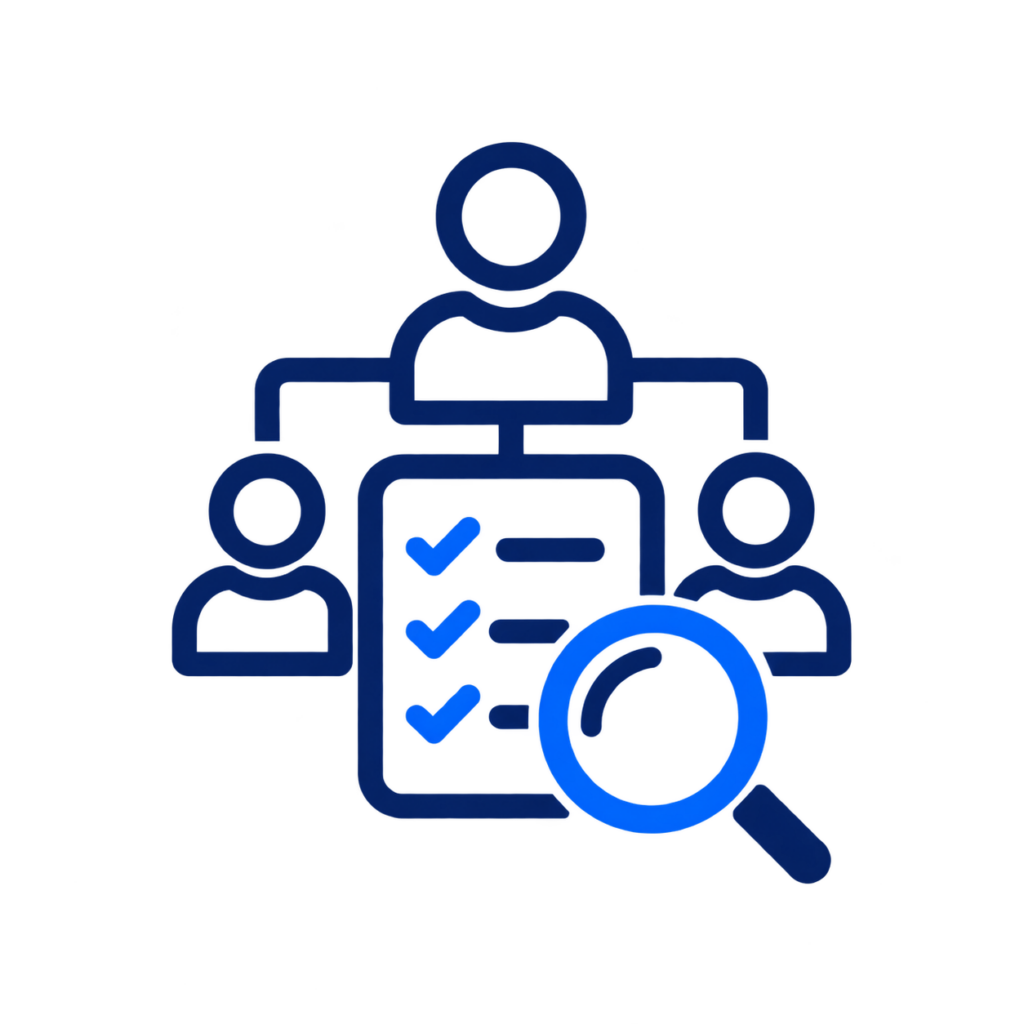 Organisational capability review icon showing team structure, checklist and assessment.