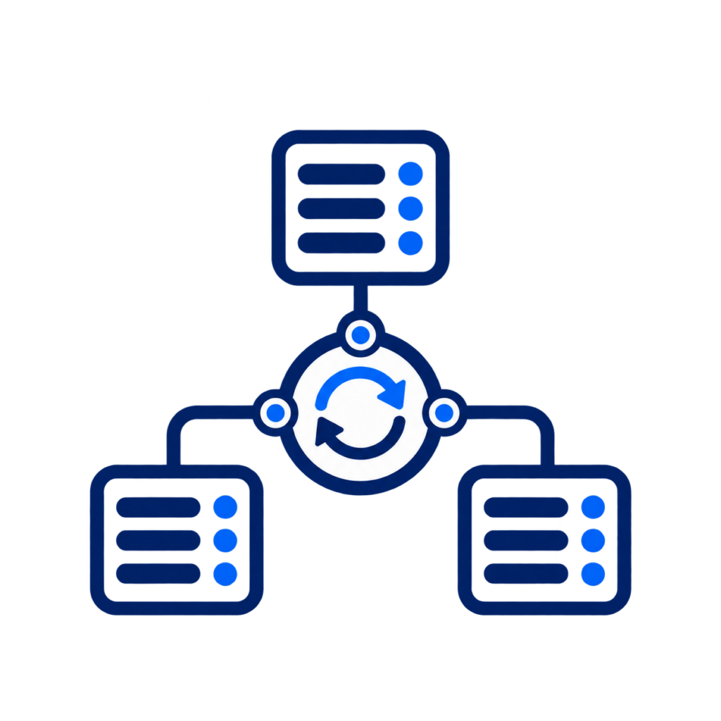 System integration icon showing multiple connected systems linked through a central integration hub.
